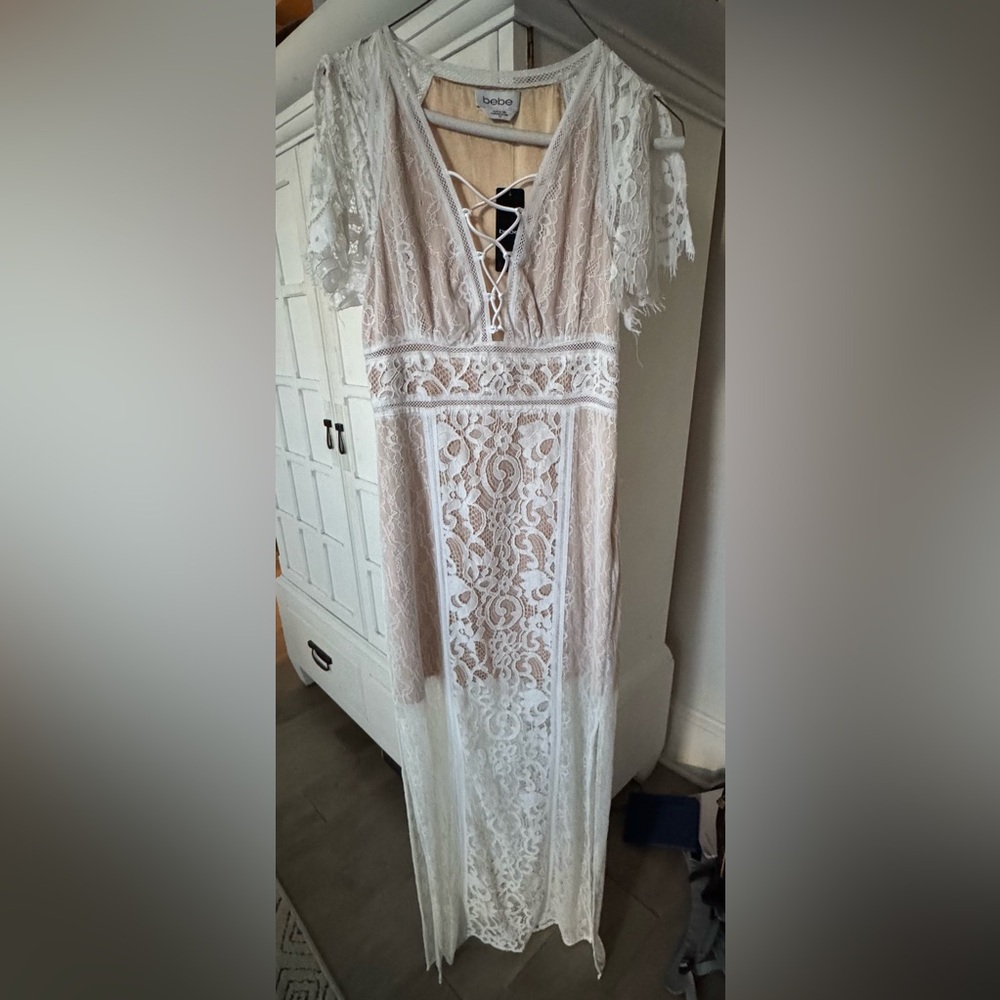 Bebe long nude and white gown